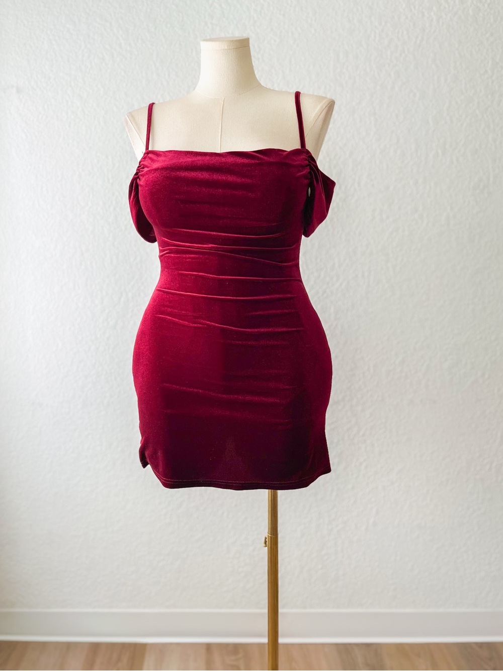 Burgundy Velvet Off-Shoulder Mini Dress